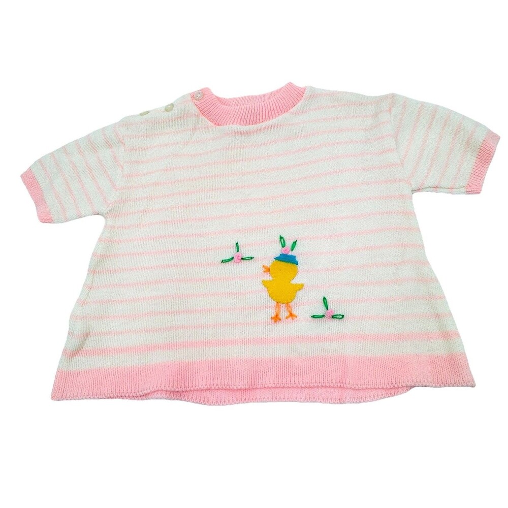 Vintage Novelty Knit Baby 18 Mos. Pink White Sweater w Spring / Easter Chick